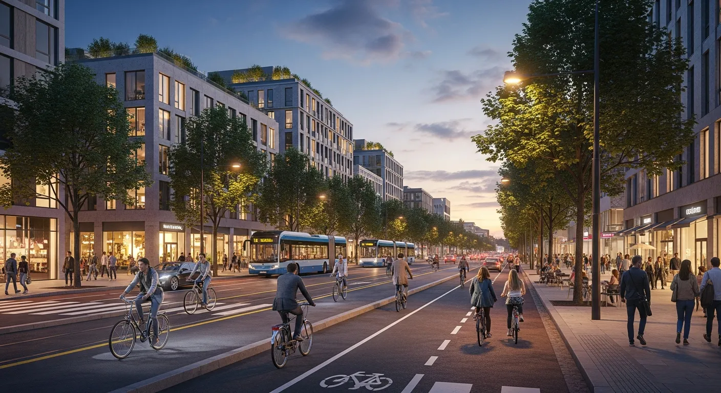 Busy urban street with dedicated bike lanes and pedestrians walking safely, representing sustainable and healthy city mobility.