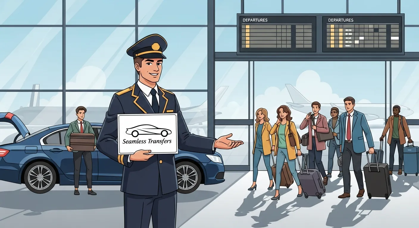 A chauffeur waiting at the airport with a sign, assisting travelers with luggage for a seamless transfer.