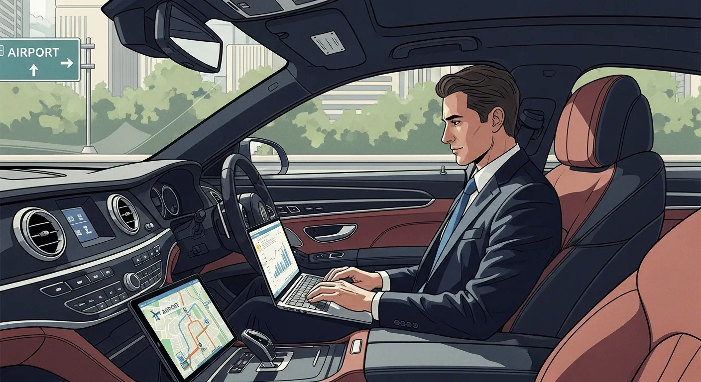 Executive passenger working inside a private car with laptop while being driven smoothly toward the airport.