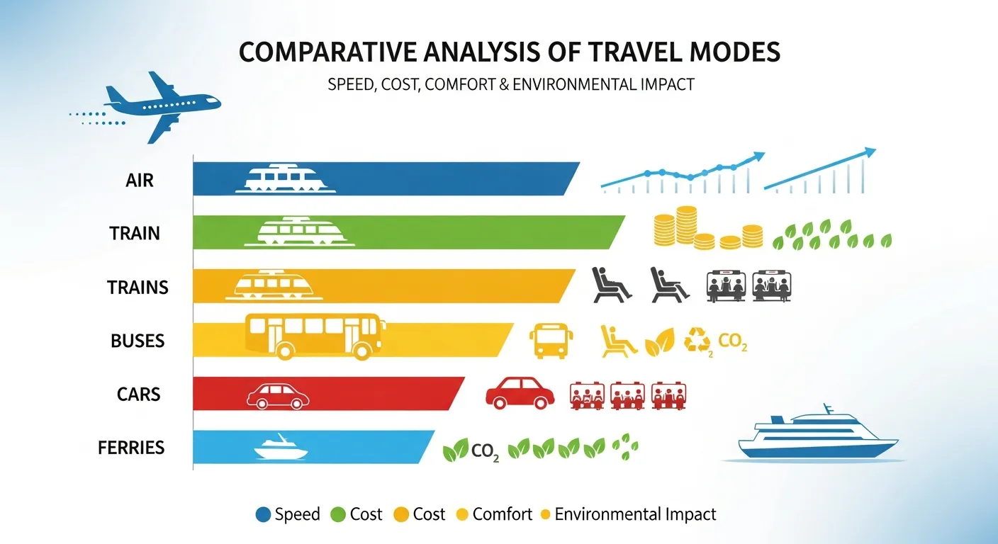 Comparison chart visualizing speed, cost, comfort, and environmental impact of air travel, trains, buses, cars, and ferries