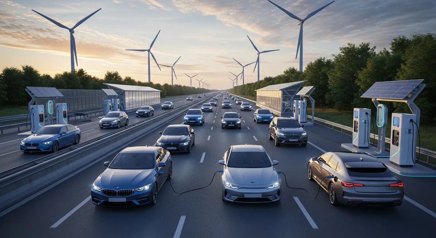 Electric vehicles charging at a modern fast-charging station, representing clean energy transportation and sustainable urban mobility.