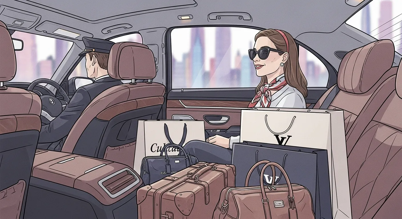 Traveler enjoying a comfortable ride in a luxury car while making multiple city stops with shopping bags and luggage inside.