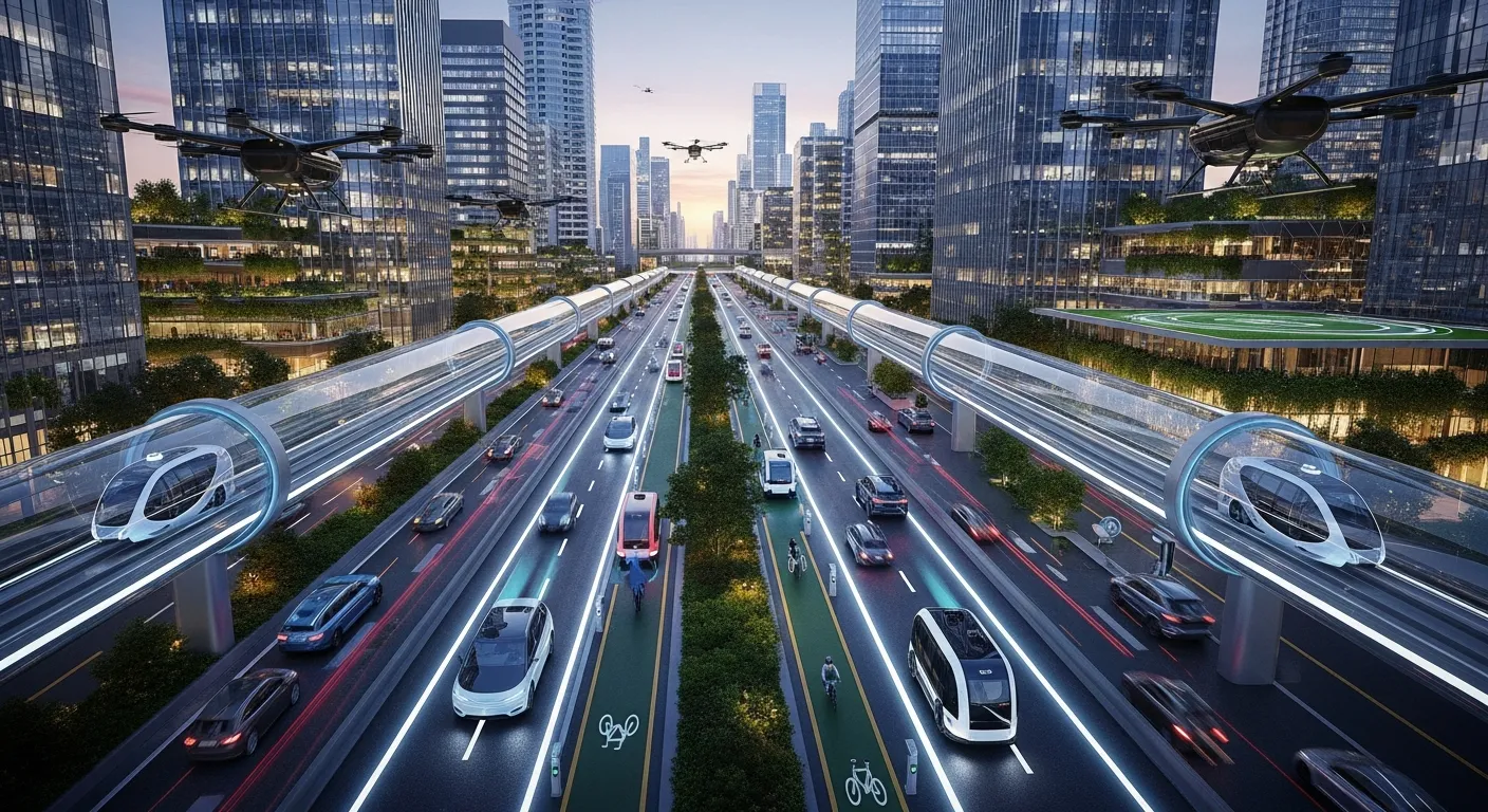 Future transportation technologies including electric vehicles, autonomous cars, and urban air mobility systems transforming travel.