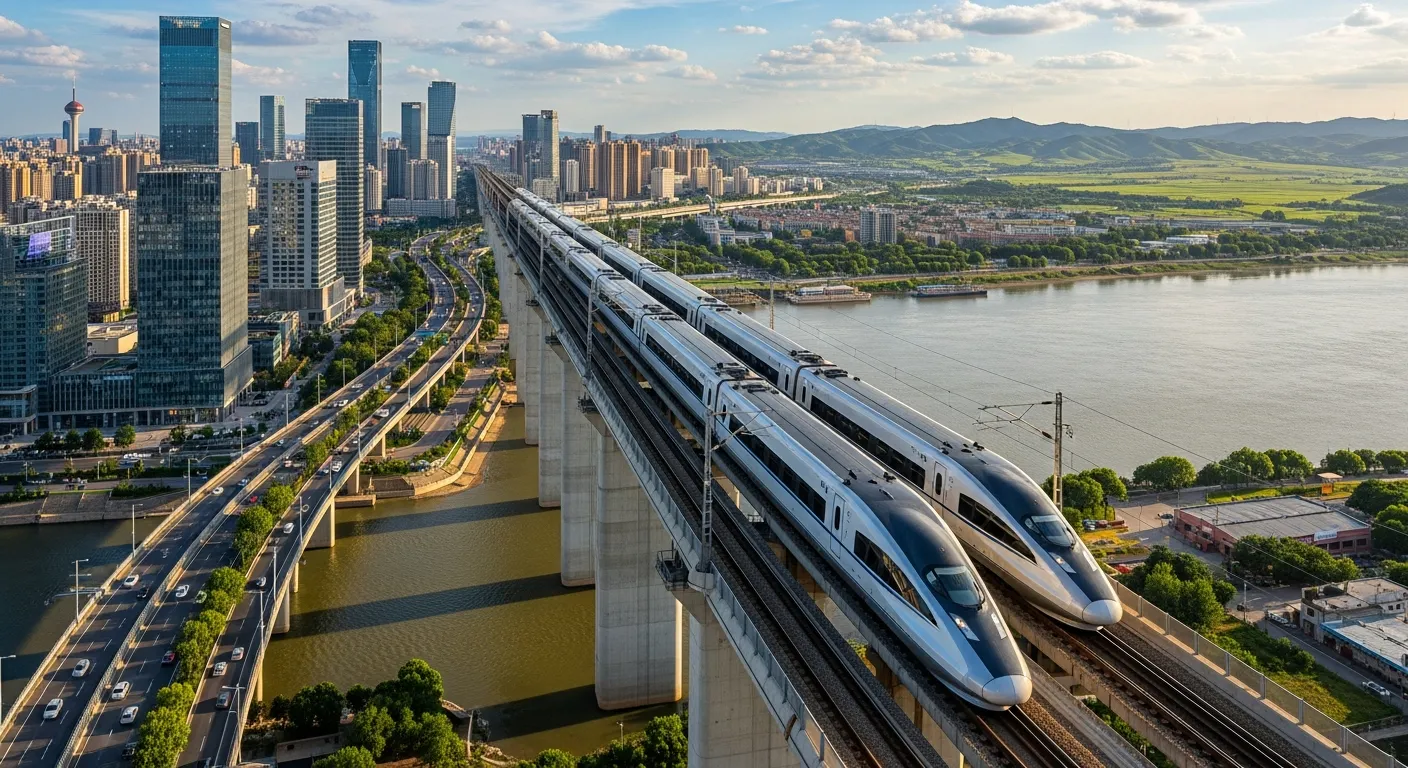 High-speed electric train traveling at sunset, showcasing fast, eco-friendly regional transportation and advanced rail infrastructure.