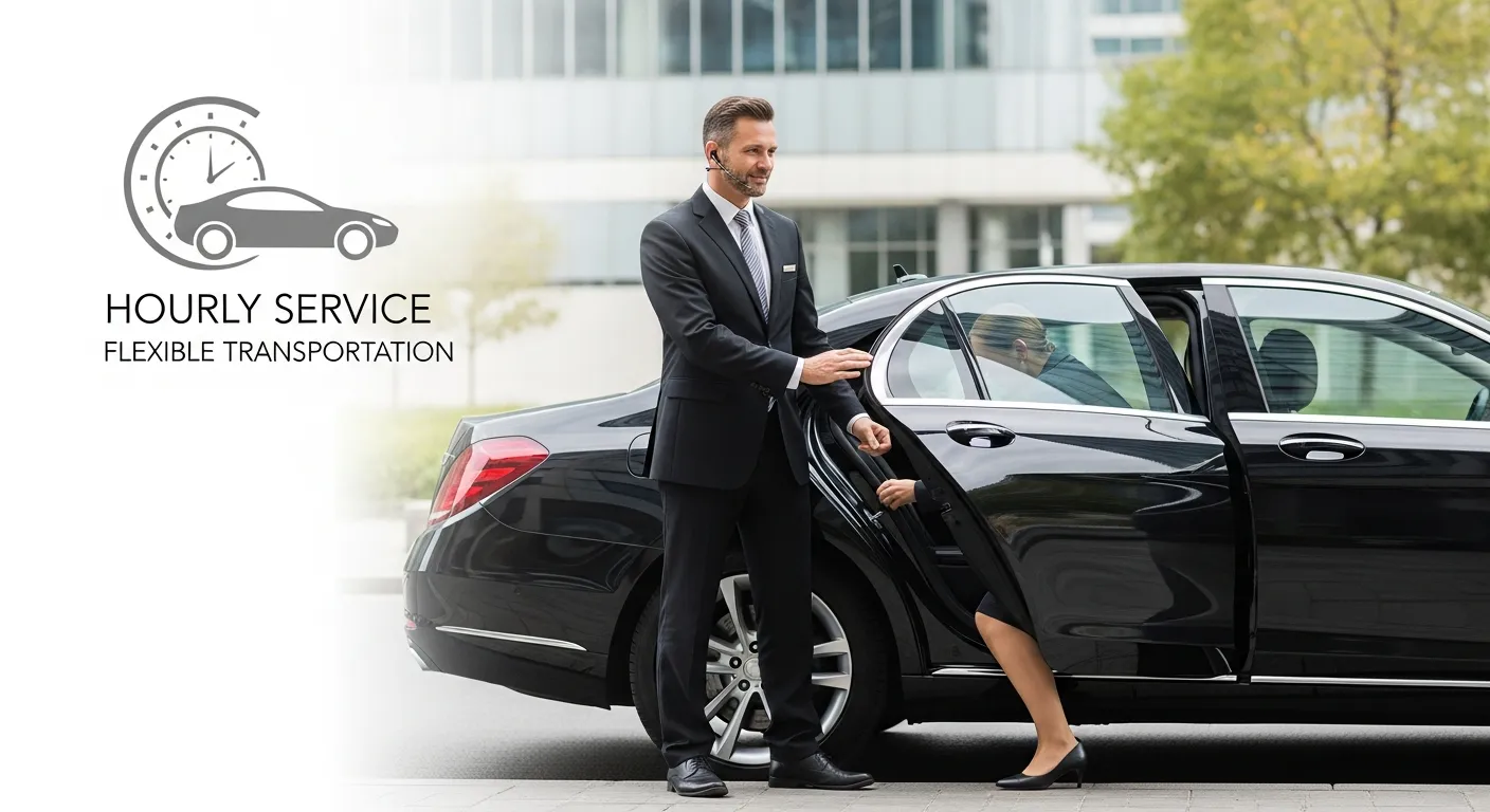 Luxury car with professional chauffeur waiting curbside while a passenger enters, representing flexible hourly transportation service.