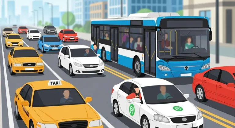 A city transportation scene showing various service options like taxis, ride-sharing cars, buses, and private vehicles, highlighting convenient and reliable local transportation services available nearby for easy travel.