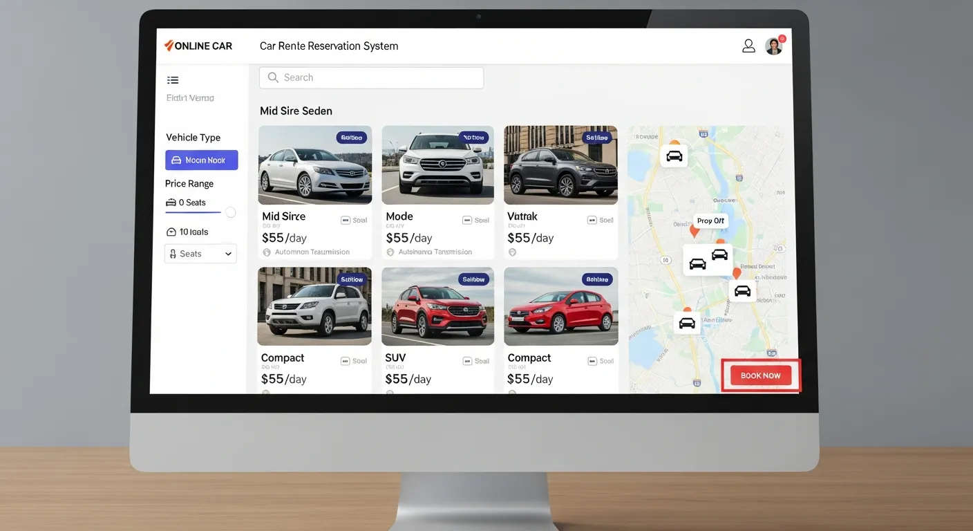 Online car booking and rental reservation system interface with vehicle selection and pricing options”