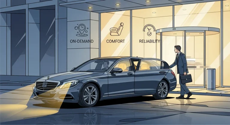 Luxury private transportation scene showing sleek chauffeur-driven vehicle arriving for pickup, representing comfort, reliability, and modern on-demand travel services.