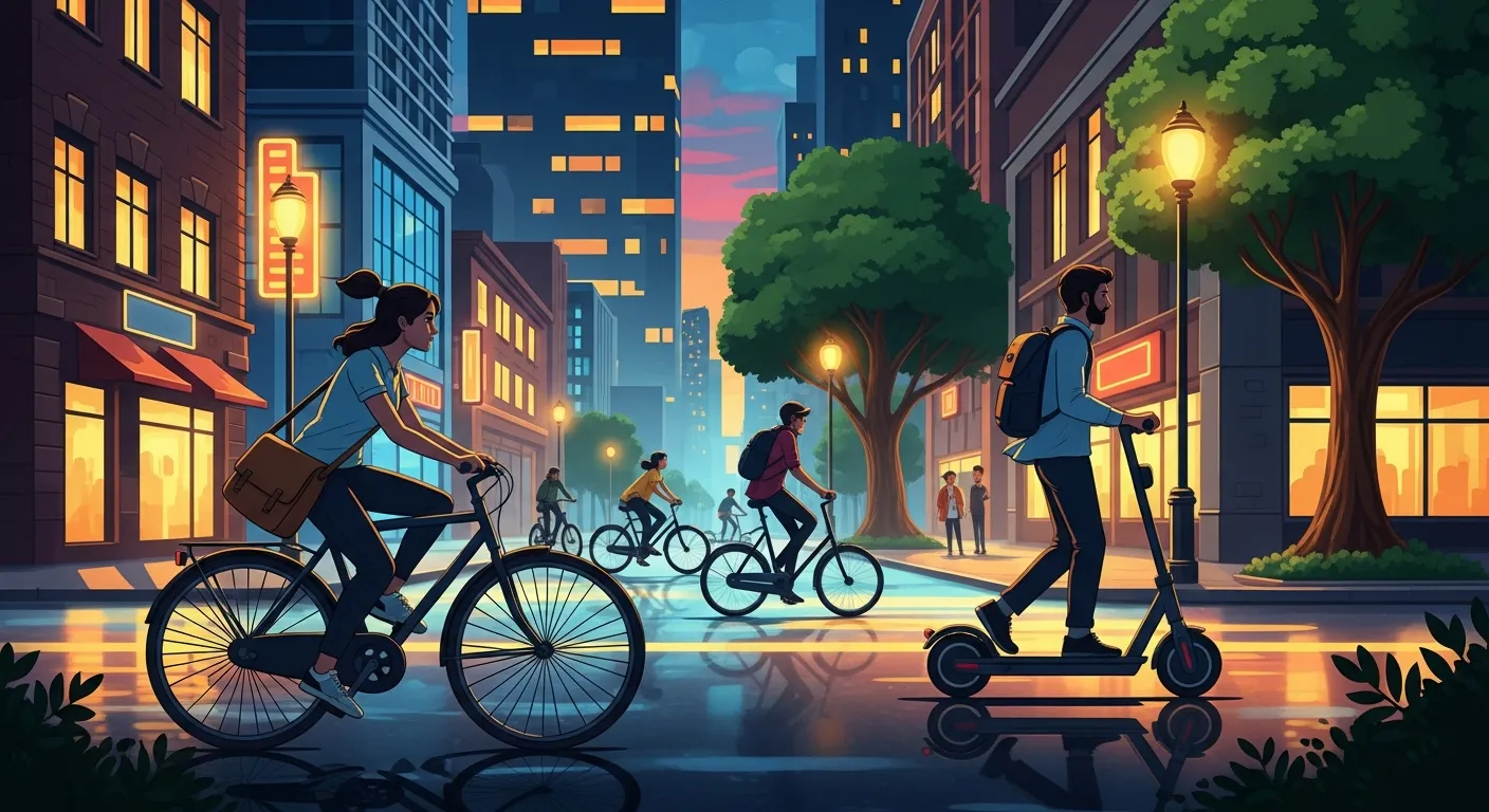 Urban travelers using bicycles and electric scooters in a city, representing eco-friendly and modern transportation services near me.