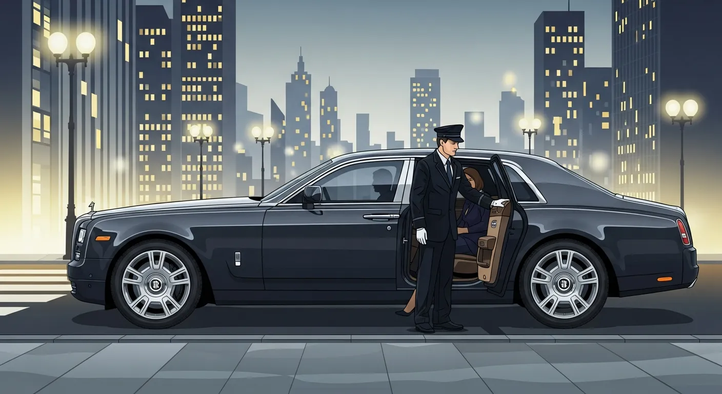 Luxury car arriving curbside with professional chauffeur opening door for passenger in an urban city setting.