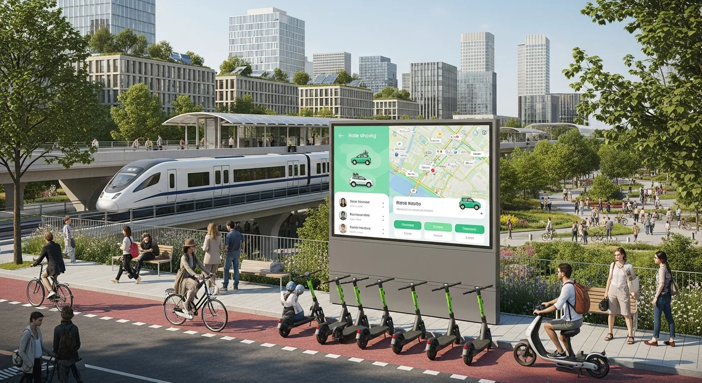 Eco-friendly travel transportation concept showing electric scooters, ride-sharing apps, high-speed trains, and green mobility options in a city environment