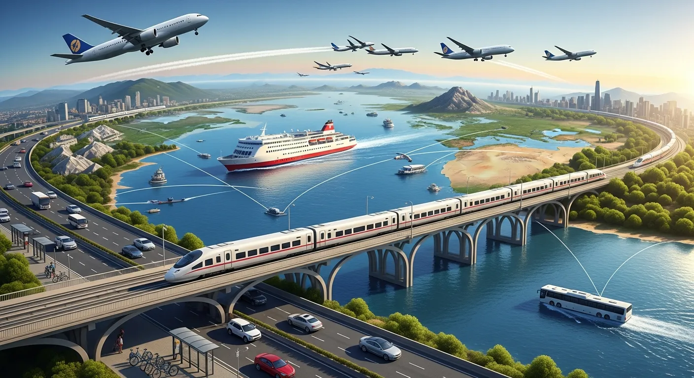 Illustration showing multiple travel transportation modes including airplanes, trains, cars, buses, ferries, and bicycles in a global travel scene