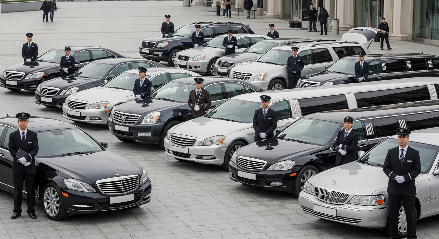 Fleet of luxury sedans, SUVs, and limousines lined up with uniformed chauffeurs ready for business, events, and personal travel.