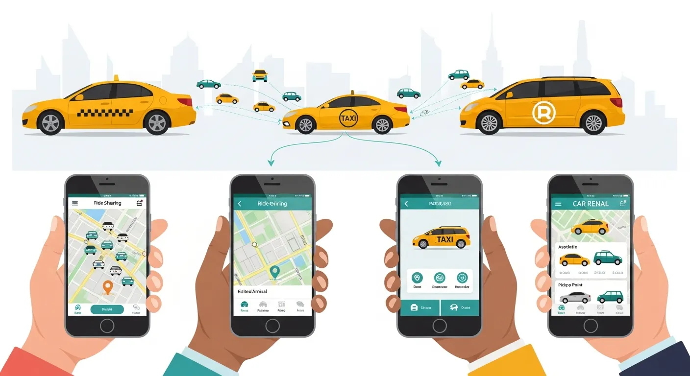 People booking ride-sharing apps, taxis, and car rental services on smartphones, showing convenient on-demand transportation services near me.