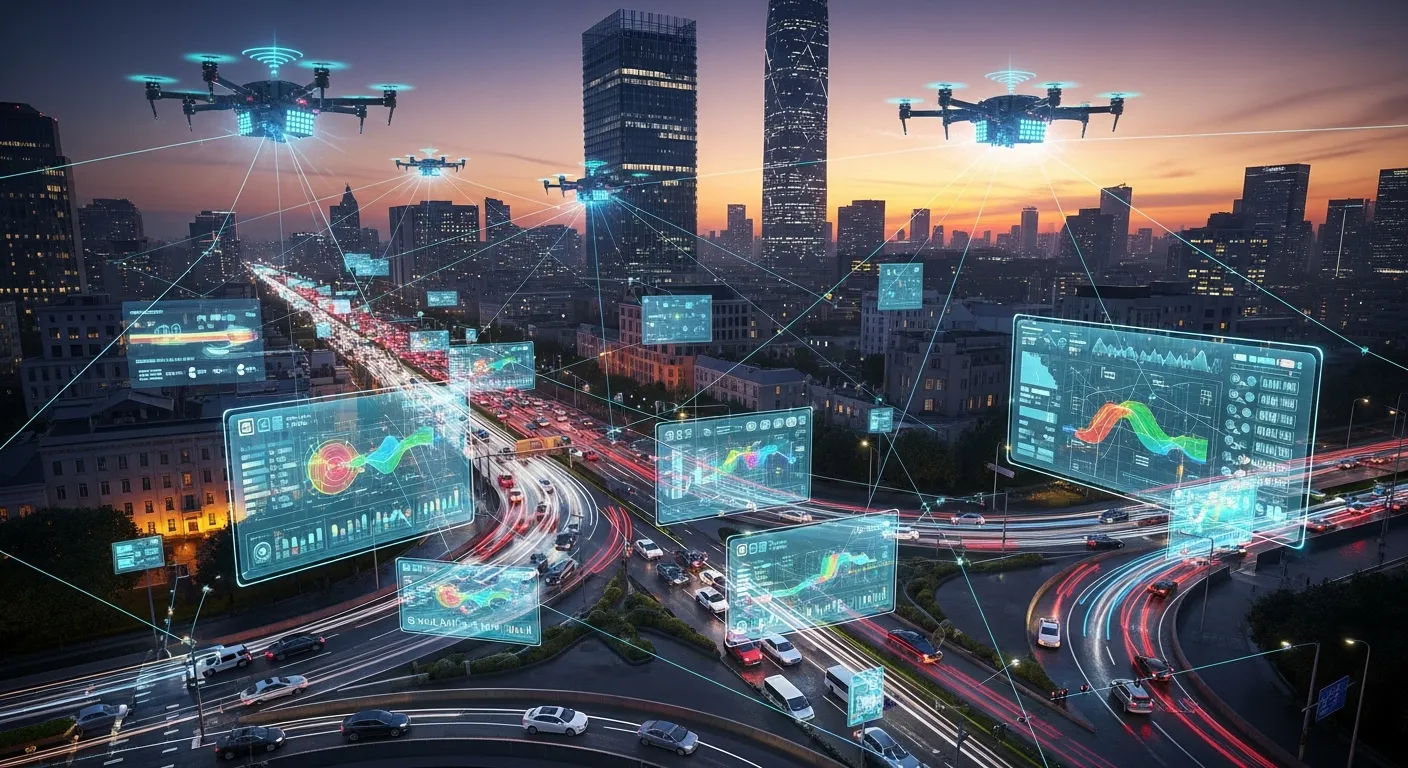 AI-powered traffic management system with sensors and digital data screens optimizing urban transportation flow.