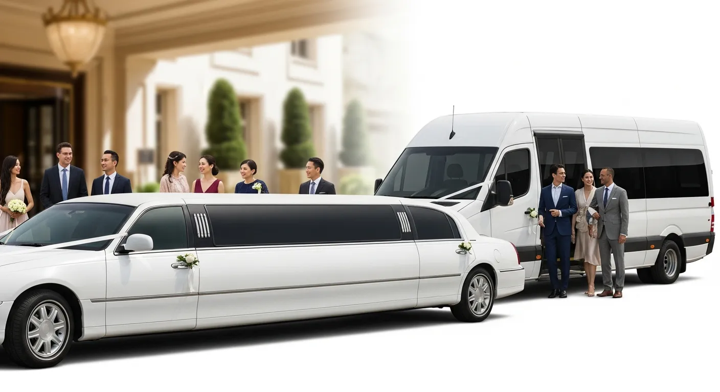 Stretch limousine and shuttle van transporting guests for a wedding or event with coordinated group travel.