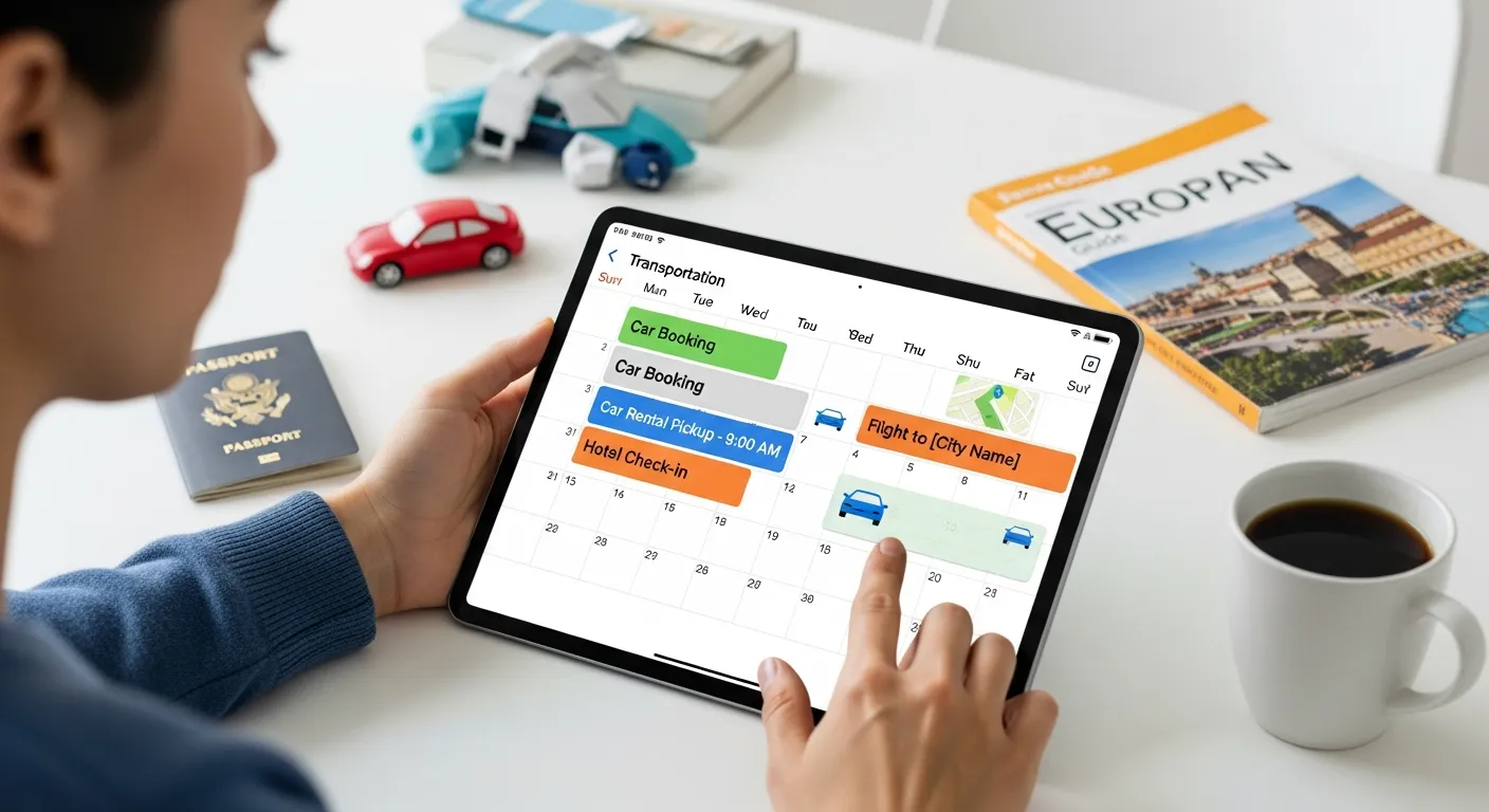 Person planning transportation schedule using calendar app for car bookings and travel planning