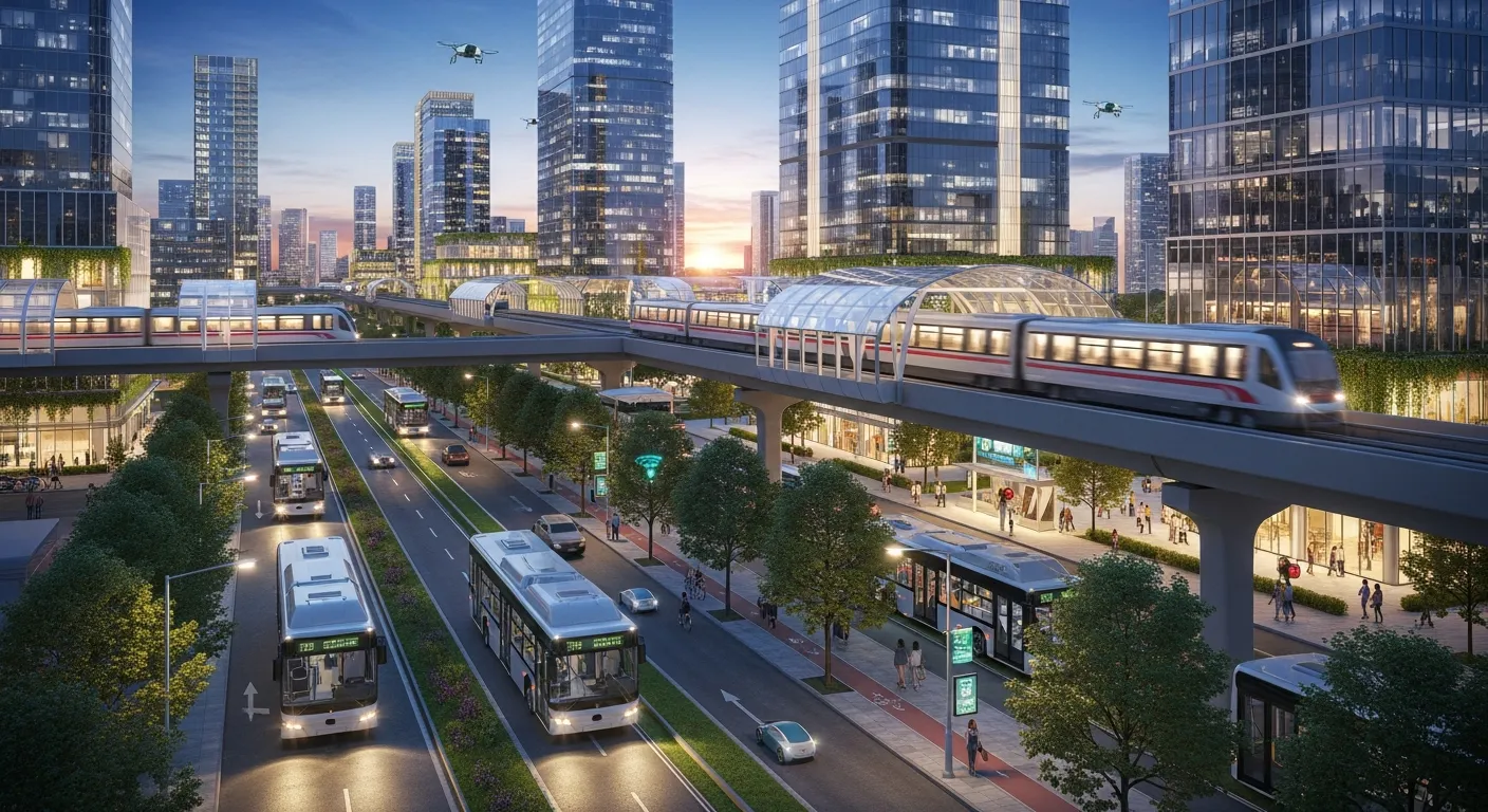 Electric buses and modern metro trains running in a smart city environment, highlighting efficient and eco-friendly public transportation systems.