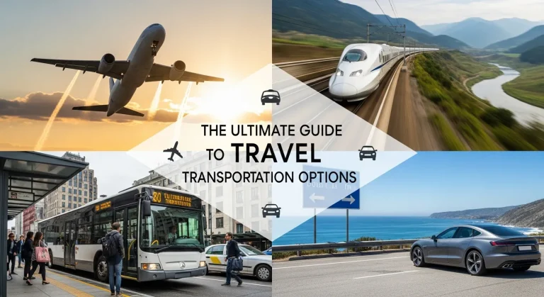 The Ultimate Guide to Travel Transportation Options showing various modes of transport including plane, train, bus, and car