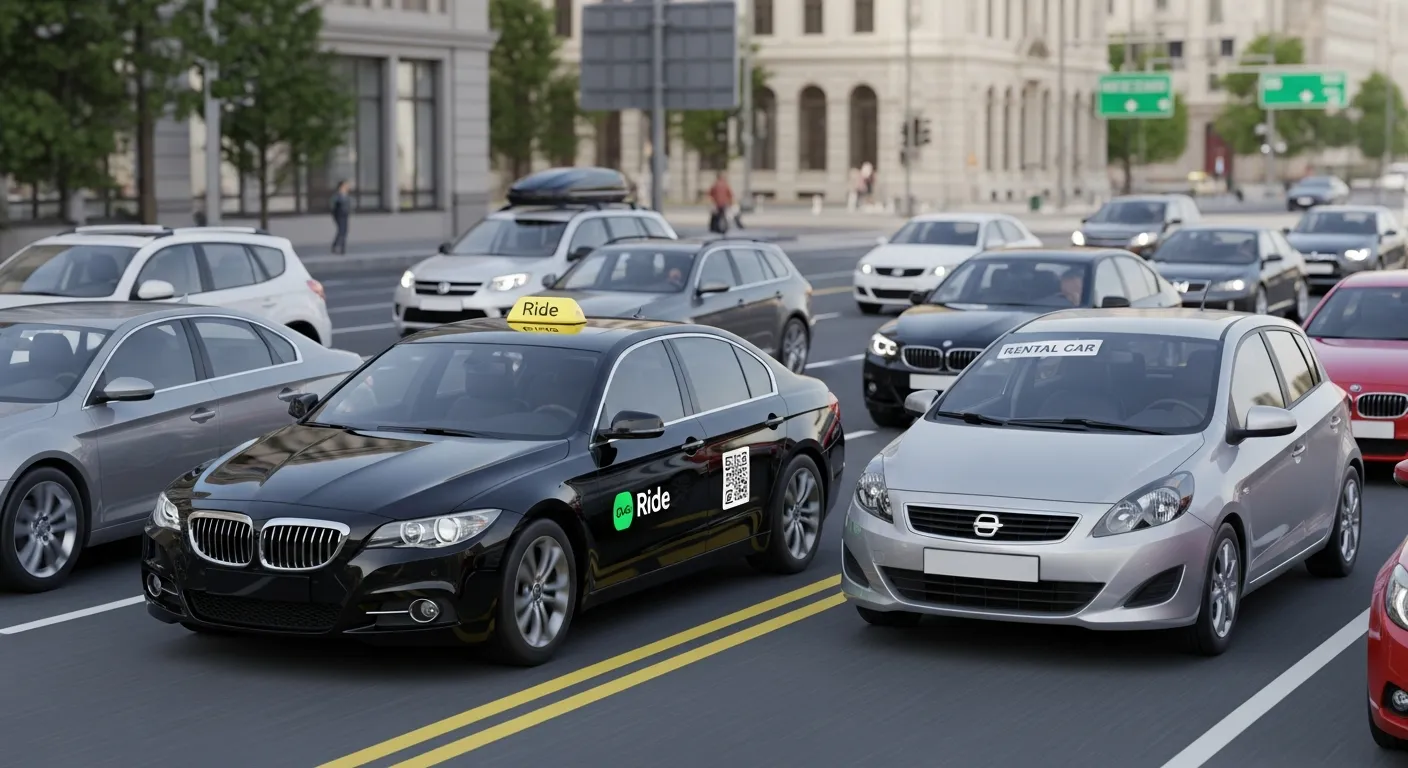 Different types of private transportation including cars, ride booking services, and car rental vehicles for personal travel convenience.