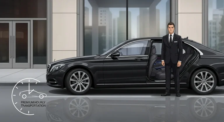 Elegant black luxury car with chauffeur standing beside it, symbolizing premium hourly transportation services offering comfort, flexibility, and personalized travel experience.