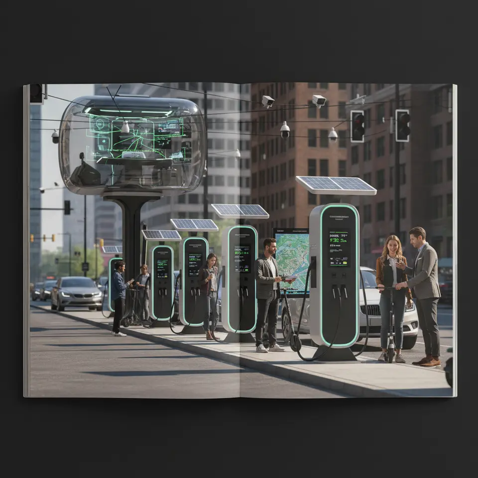 Electrification and Smart Infrastructure: A modern city street lined with electric vehicles plugged into fast-charging stations topped by solar panels, networked chargers displaying real-time data on screens, and an intelligent traffic control hub using sensors to adjust signal timings and manage V2G energy flows.
