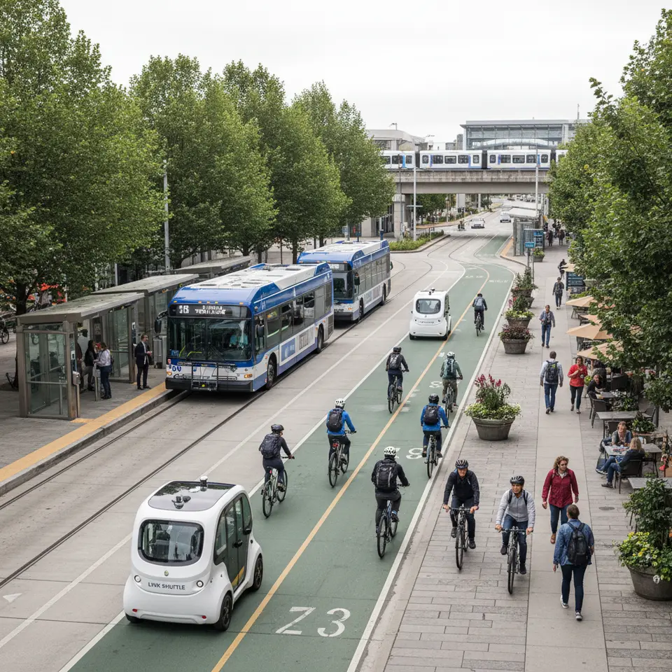Public Transit and Active Travel: A vibrant urban corridor showcasing a segregated Bus Rapid Transit lane with sleek articulated buses and off-board fare gates, adjacent protected bike lanes crowded with cyclists, wide pedestrian sidewalks with greenery, and on-demand microtransit shuttles linking to a nearby light rail station.
