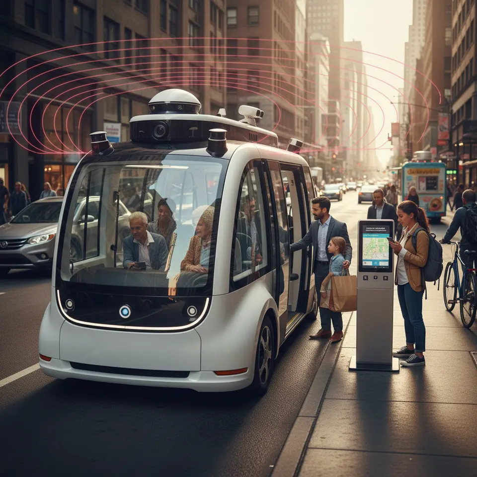 A fully autonomous shuttle navigating a city street, with visible spinning LiDAR beams, radar arrays, and roof-mounted cameras scanning pedestrians and obstacles as passengers board at a sleek digital kiosk – illustrating AI-driven decision-making in real time