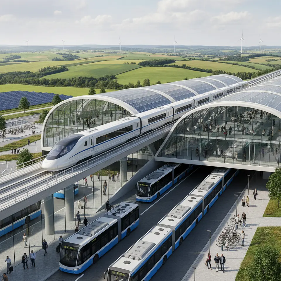 A futuristic high-speed maglev train gliding over an elevated track at 250 mph through rolling countryside, approaching a modern intermodal station where light rail, buses, and bikes await – showcasing aerodynamic design, lightweight materials, and regional connectivity