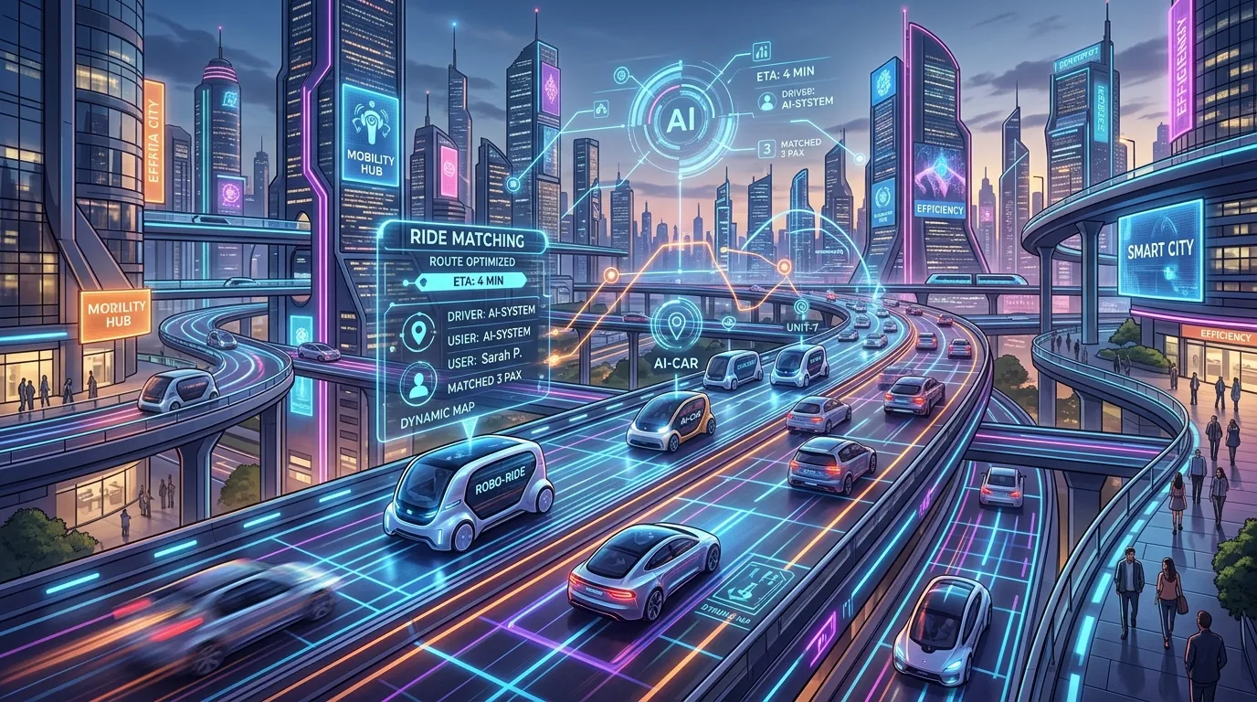 Digital map showing Uber shared rides being matched in real time using AI algorithms across a busy city network