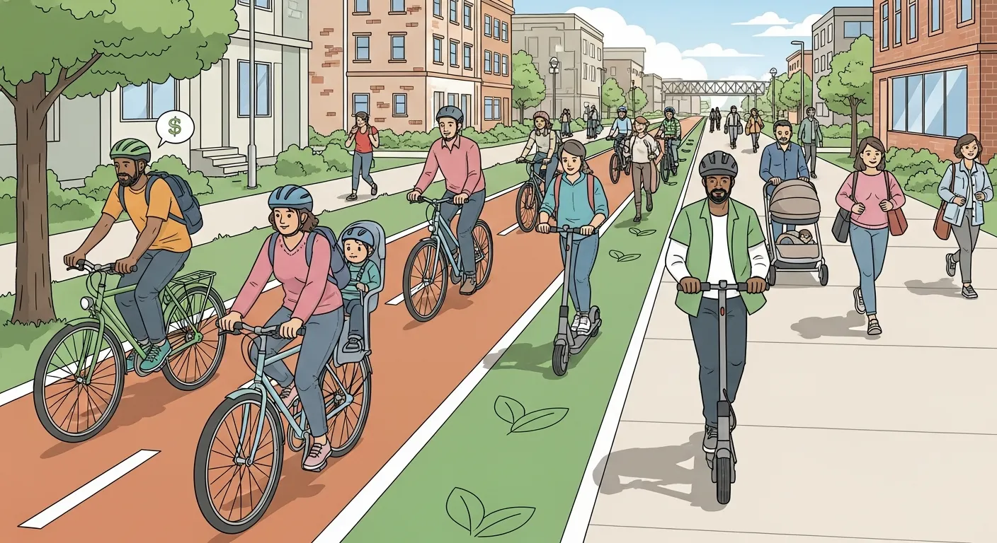People using bicycles, e-scooters, and walking paths as eco-friendly and affordable transportation methods