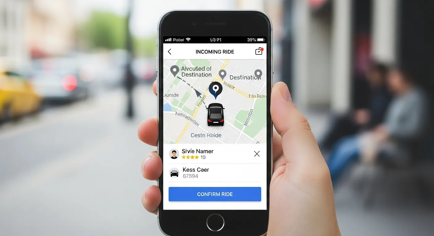 Person using smartphone app to book a ride with map interface showing driver location and pickup point in a city