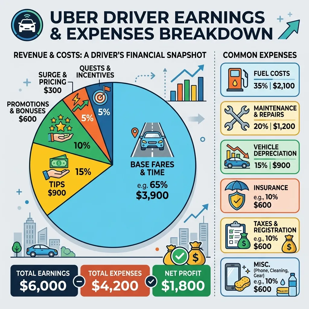 Smartphone screen showing Uber earnings dashboard alongside charts of fuel, maintenance, and expenses illustrating driver profit calculation.