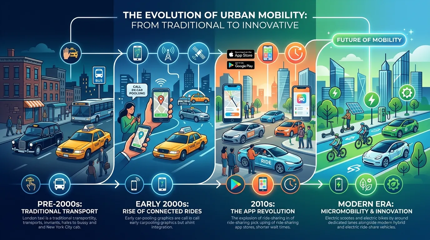 City street showing traditional taxis transitioning into modern ride-sharing cars with smartphone app interface overlay and GPS tracking map.