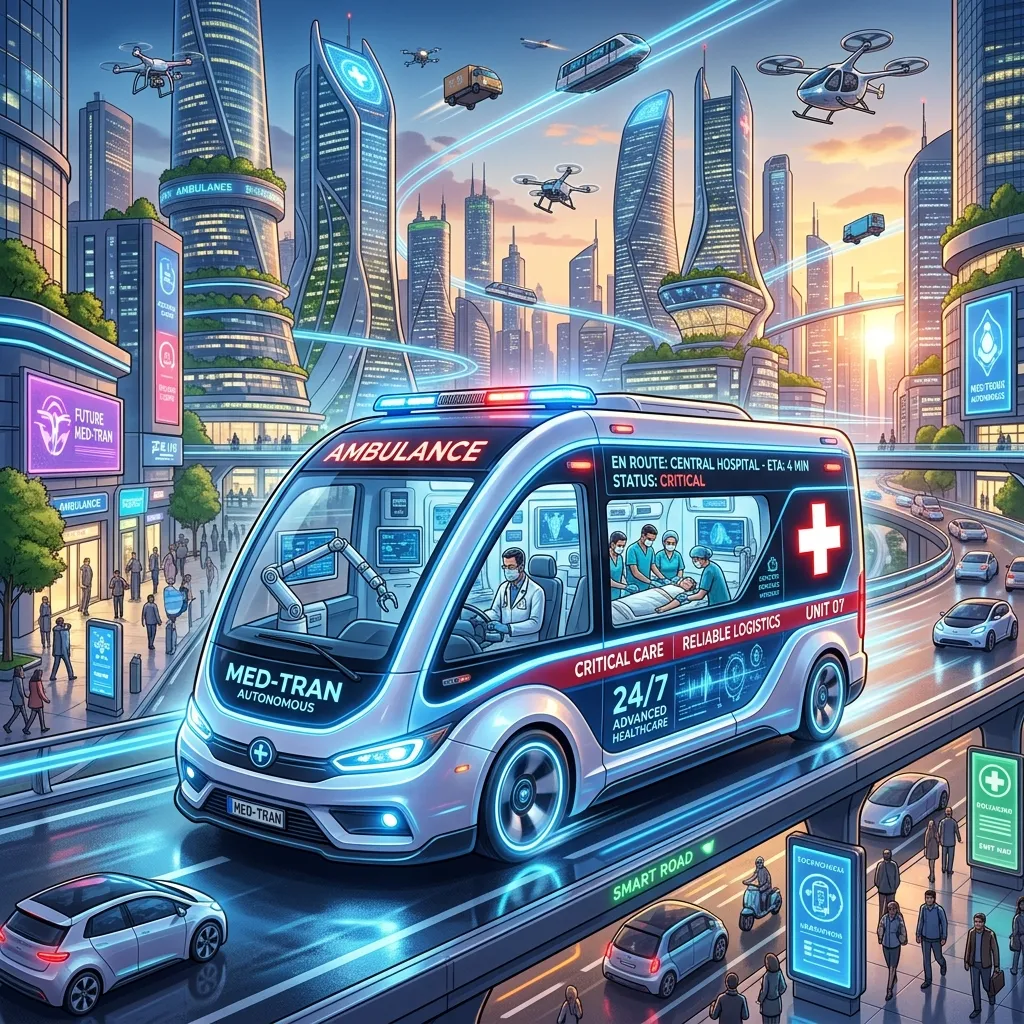 Modern healthcare transport system with connected apps, ambulances, and coordinated hospital logistics for dialysis patients
