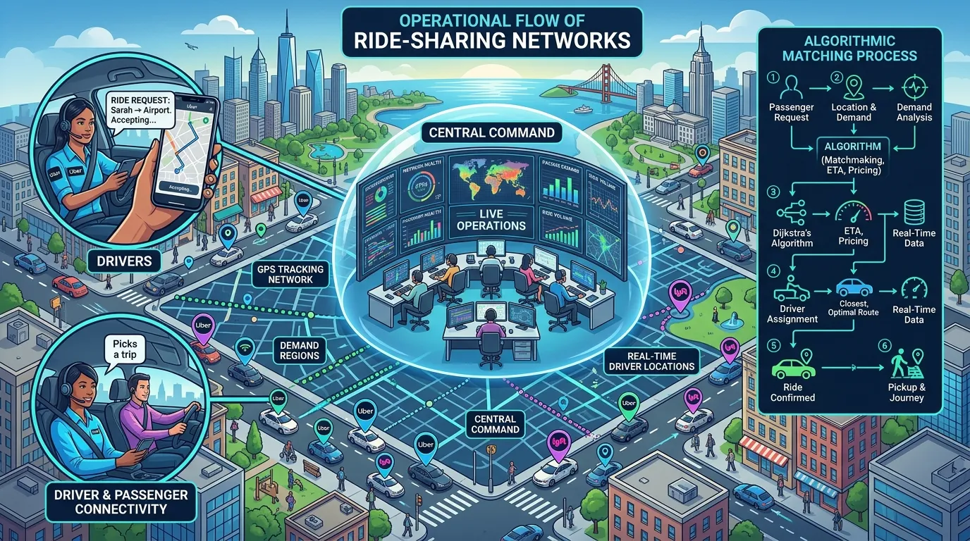 Futuristic self-driving car arriving for a passenger in a smart city with AI navigation and connected urban transport systems.
