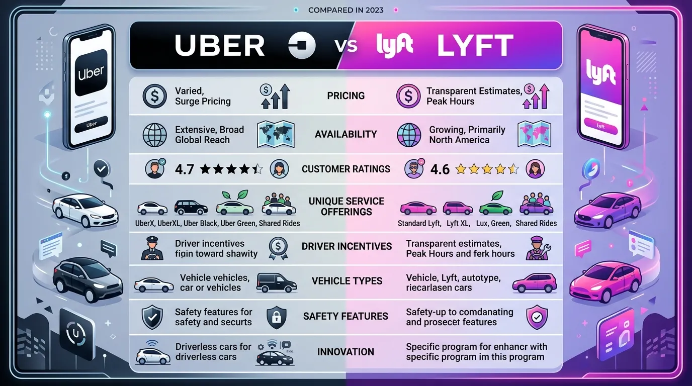 Smartphone showing Uber and Lyft apps side by side with ride options, maps, and pricing comparison in a modern urban setting.