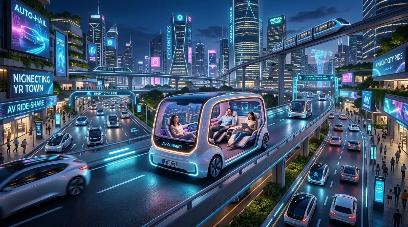 Futuristic self-driving car arriving for a passenger in a smart city with AI navigation and connected urban transport systems.