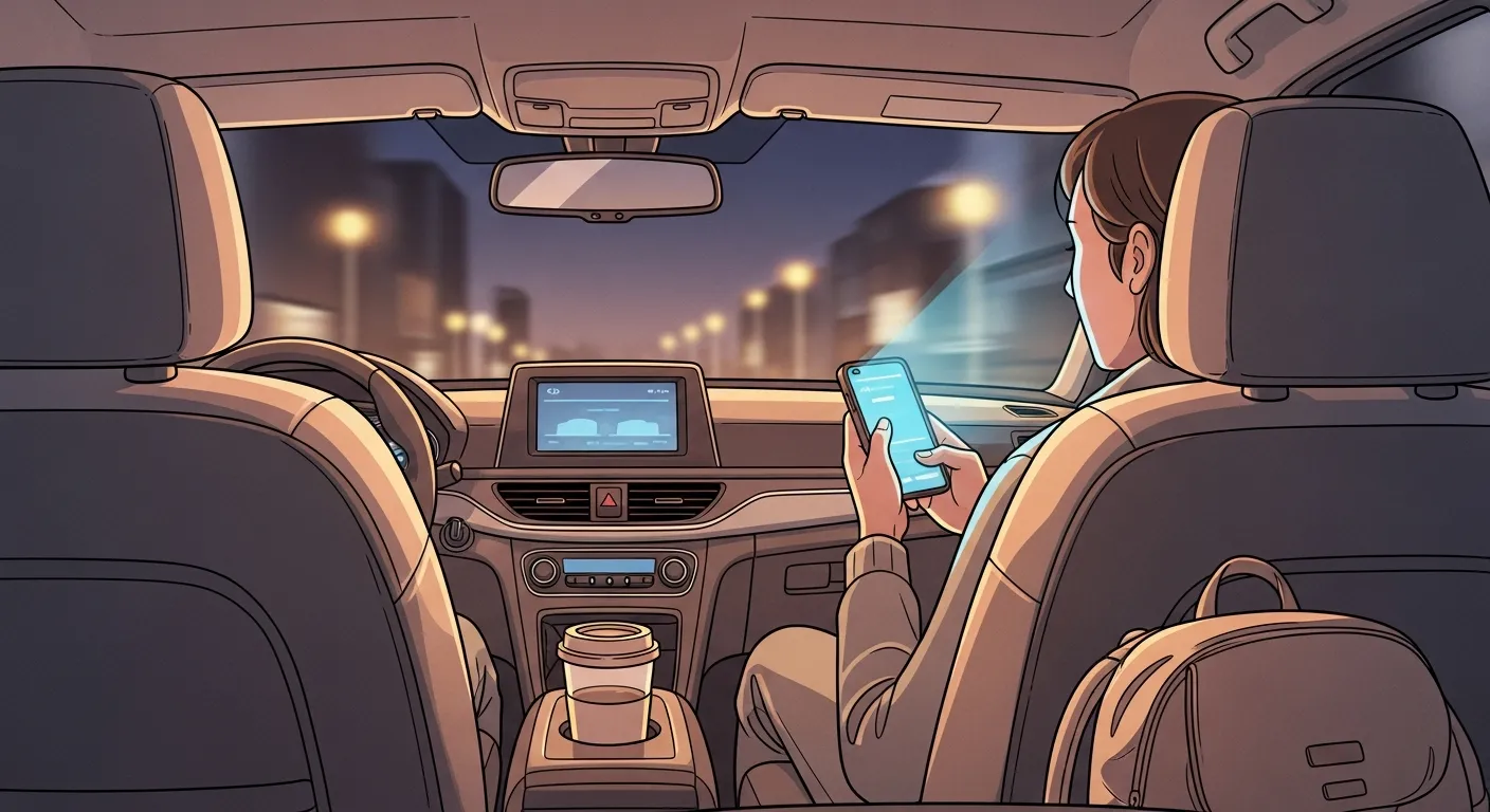 Passenger sitting in the back seat of a modern car using smartphone during a safe and comfortable Uber ride