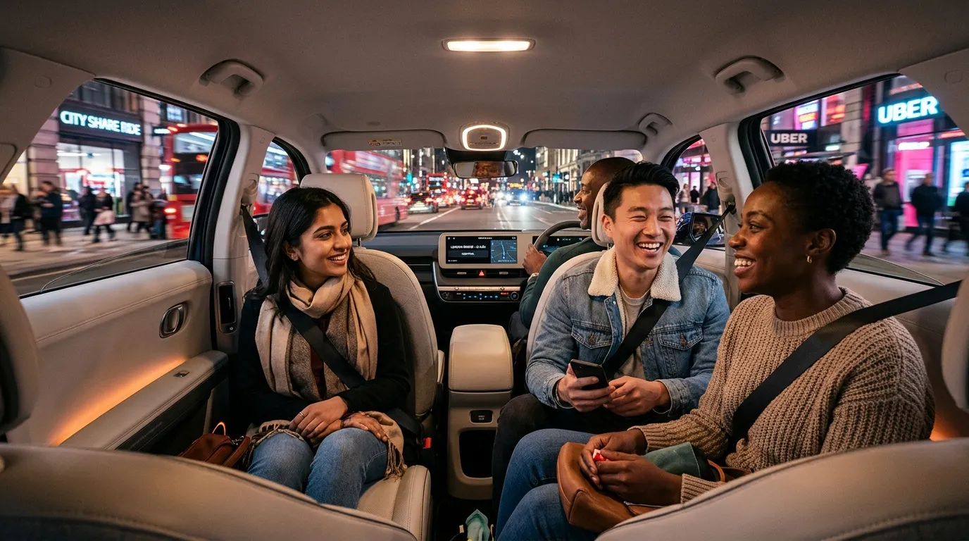Interior view of a car with passengers sharing a ride, sitting comfortably while traveling together through a city street