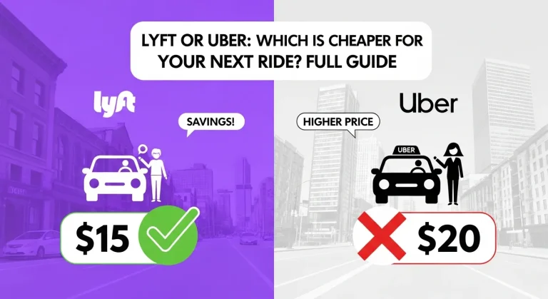 Urban commuter using smartphone to compare Lyft and Uber prices while standing on a busy city street at night