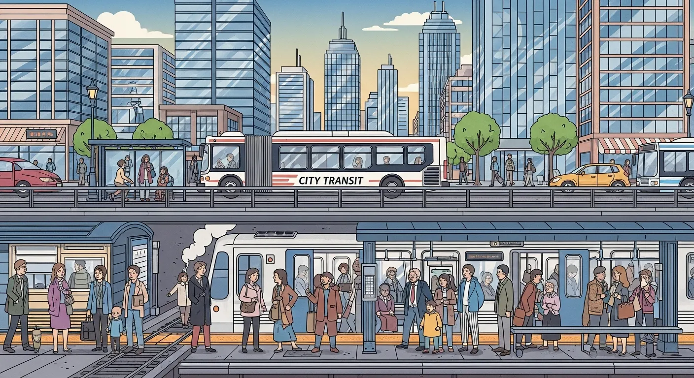 Busy urban scene with buses, subways, and commuters using affordable public transportation in a modern city