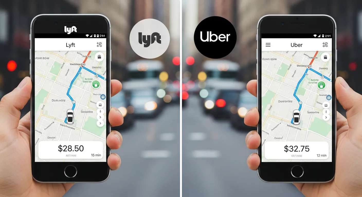 Smartphone screen showing side-by-side Lyft and Uber fare estimates for the same route with different prices