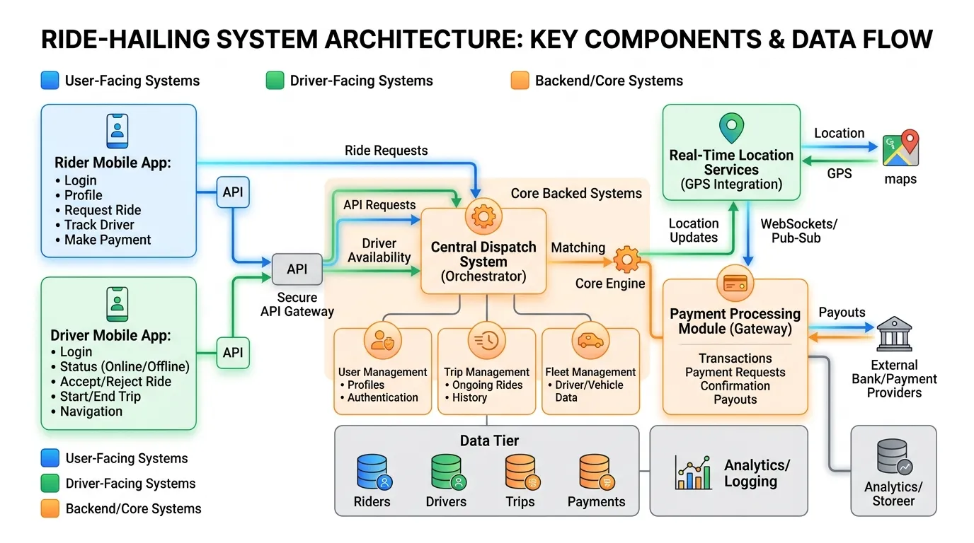 Diagram showing backend servers, cloud infrastructure, databases, APIs, and real-time data flow connecting users and drivers.