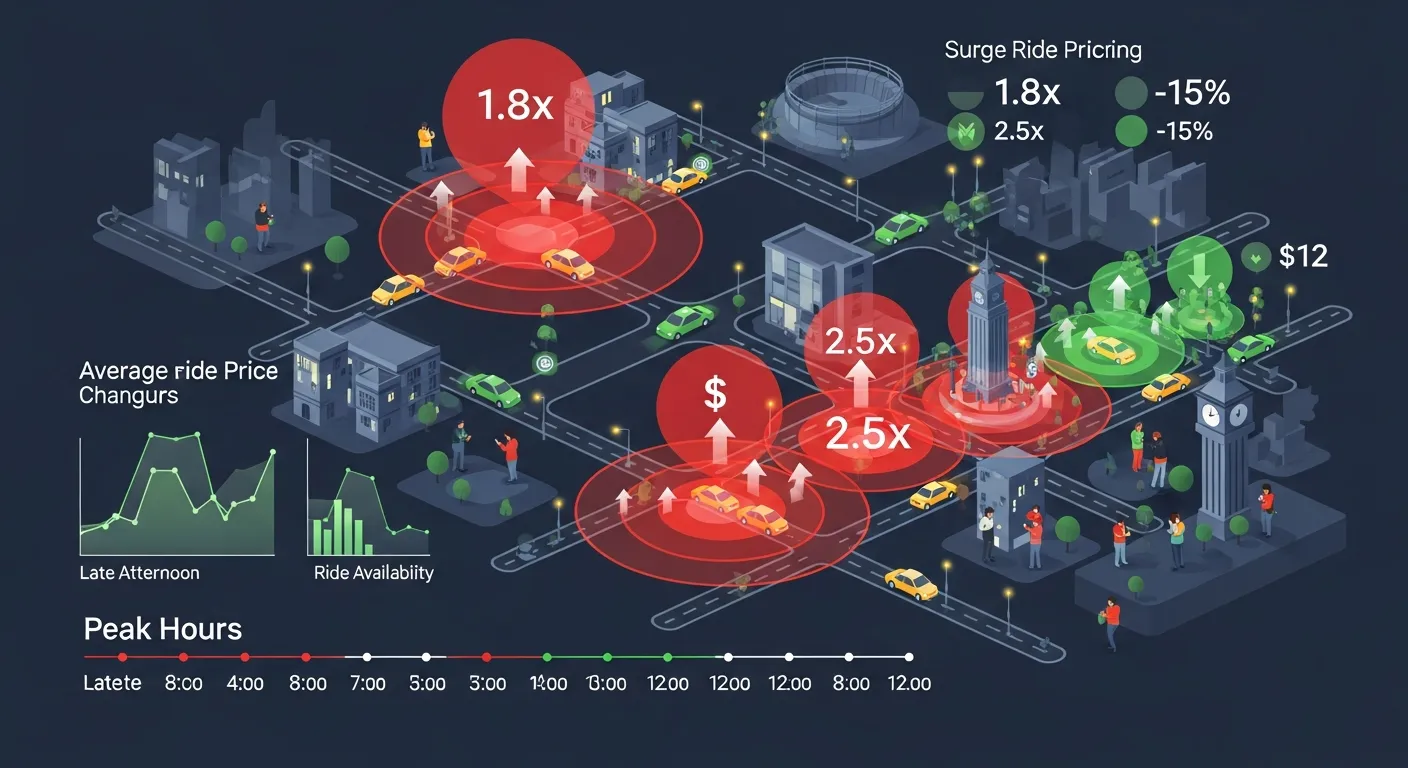 Illustration of dynamic ride pricing changes, showing surge pricing and ride availability during peak hours in a city.