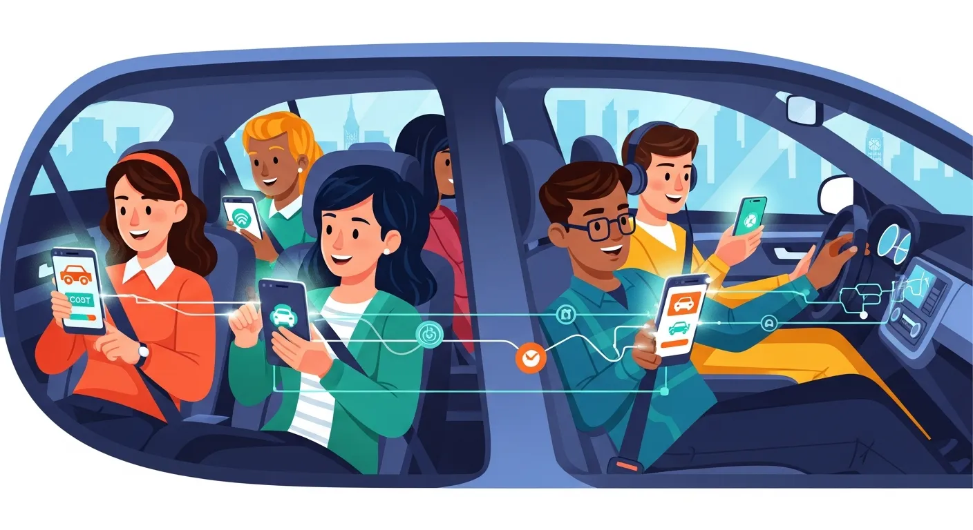 Group of commuters sharing a ride in a car and using mobile apps for coordinated low-cost transportation