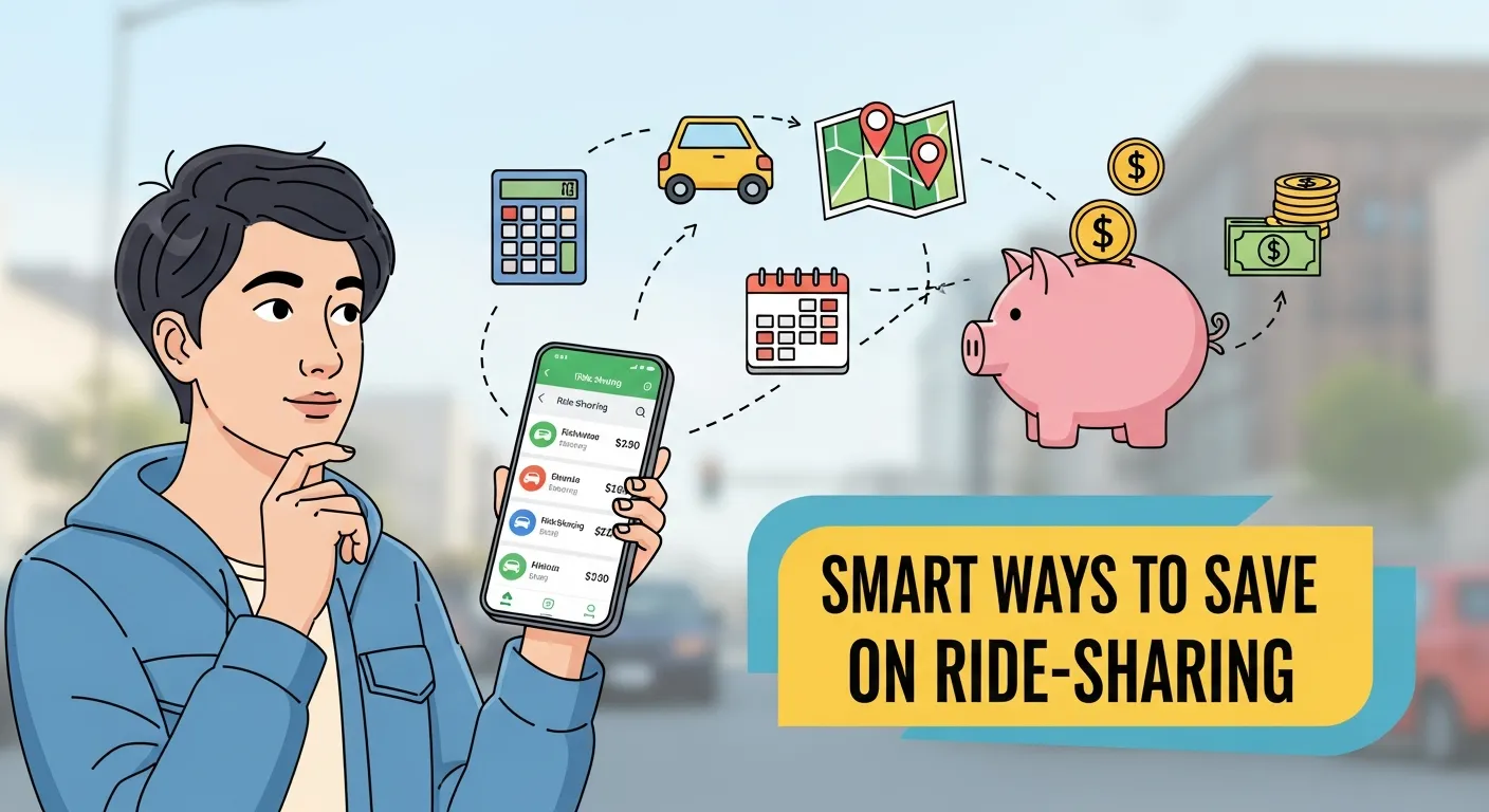 Person checking multiple ride apps and walking away from crowded area to reduce ride fare costs