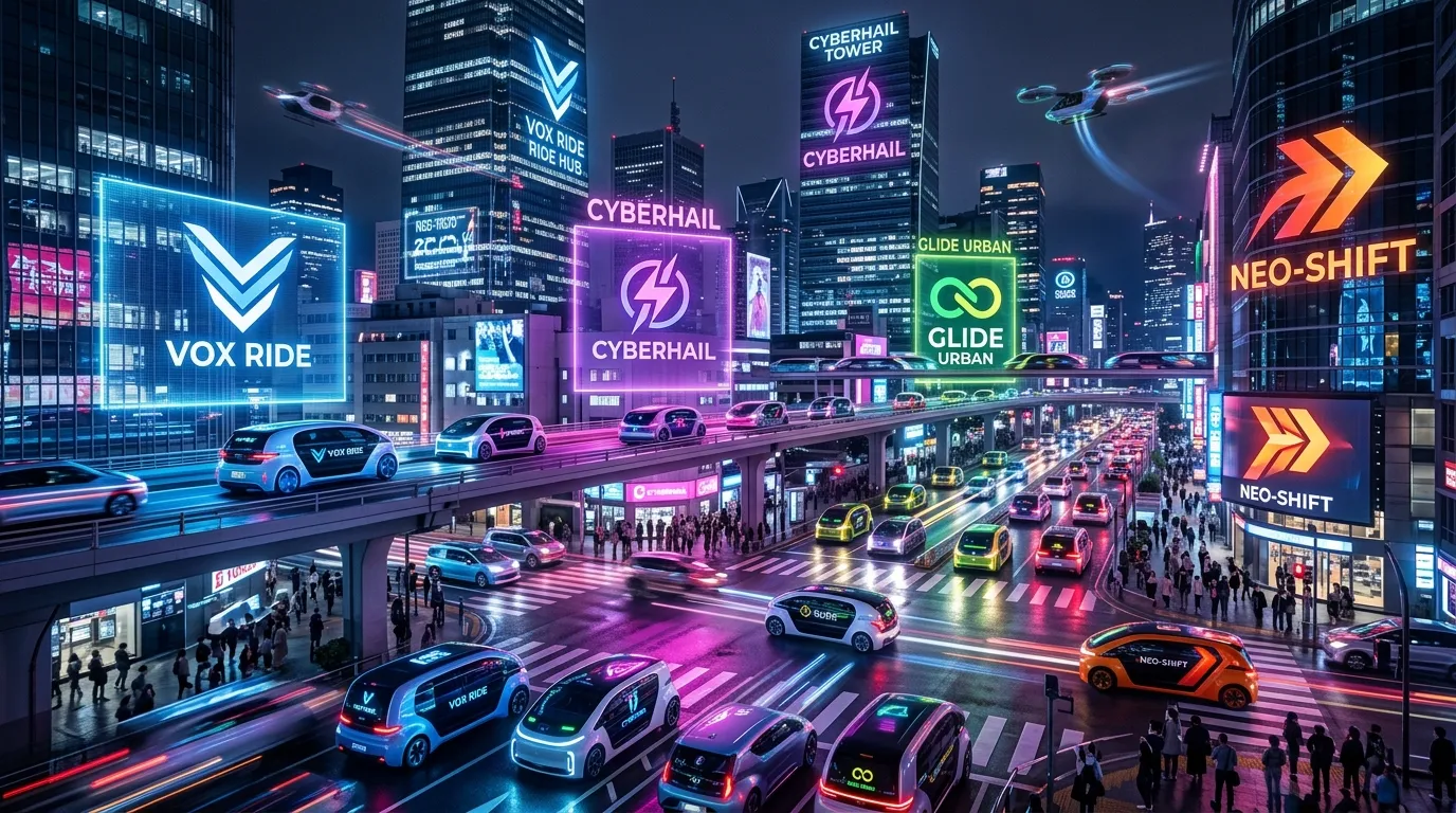 Futuristic city skyline with autonomous vehicles and ride-sharing cars representing the future competition between Uber and Lyft in urban mobility.