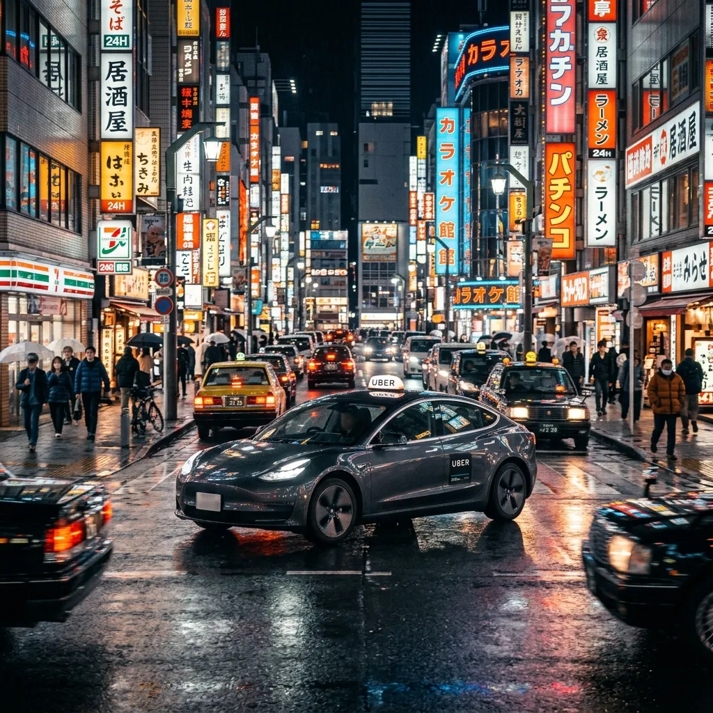 Uber driver navigating a busy illuminated city street at night with passengers in the back seat and glowing navigation app on dashboard.
