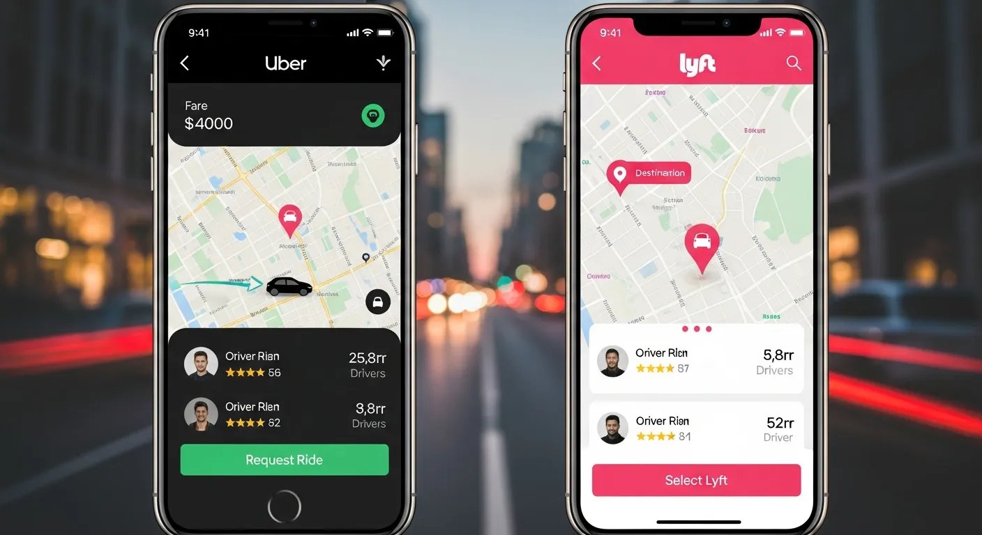 Smartphone showing Uber and Lyft apps side by side with ride booking screens and map interfaces for comparison.